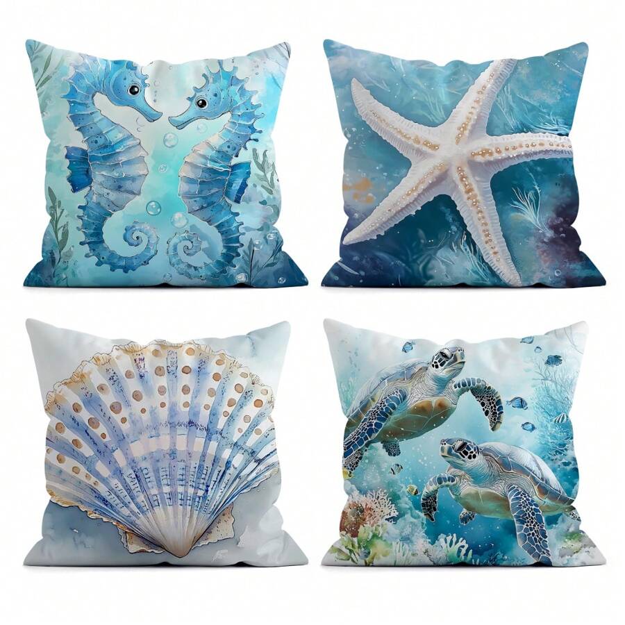4pcs Ocean Animal Series Decorative Throw Pillow Covers, 45*45cm Single-Sided Printed
