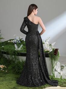 Teen Girl One Shoulder Sequin Side Draped Mermaid Party Dress