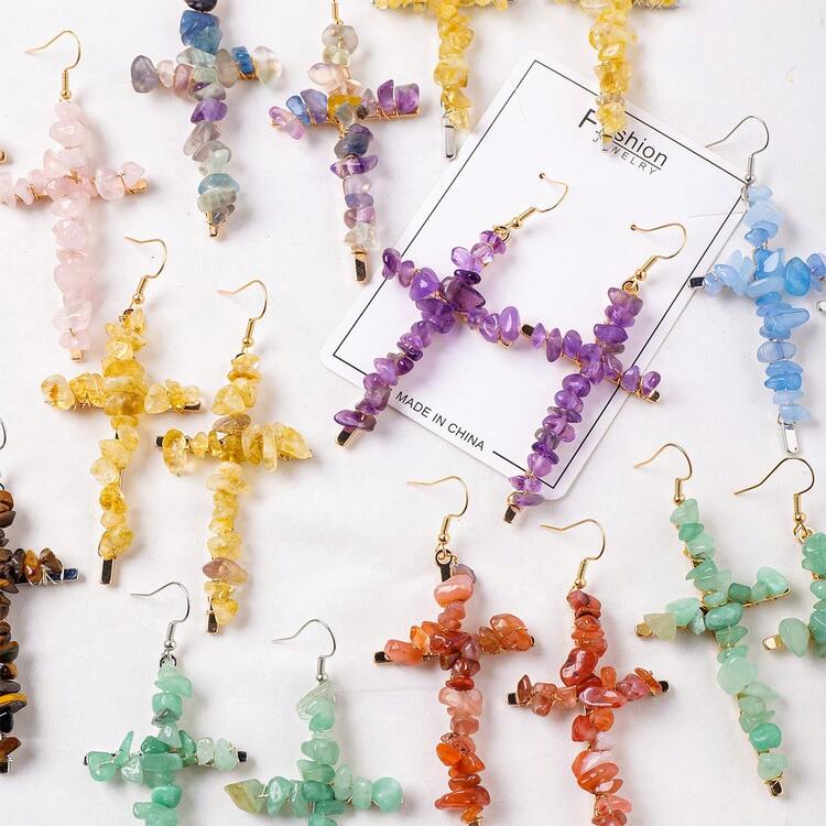 1Pair Natural Crystal Gravel Stone Cross Amethyst Eardrop Earrings Pink Crystal Reiki Eardrop Women Party Wedding Jewelry - Crushed Stone Cross Earrings - View 1