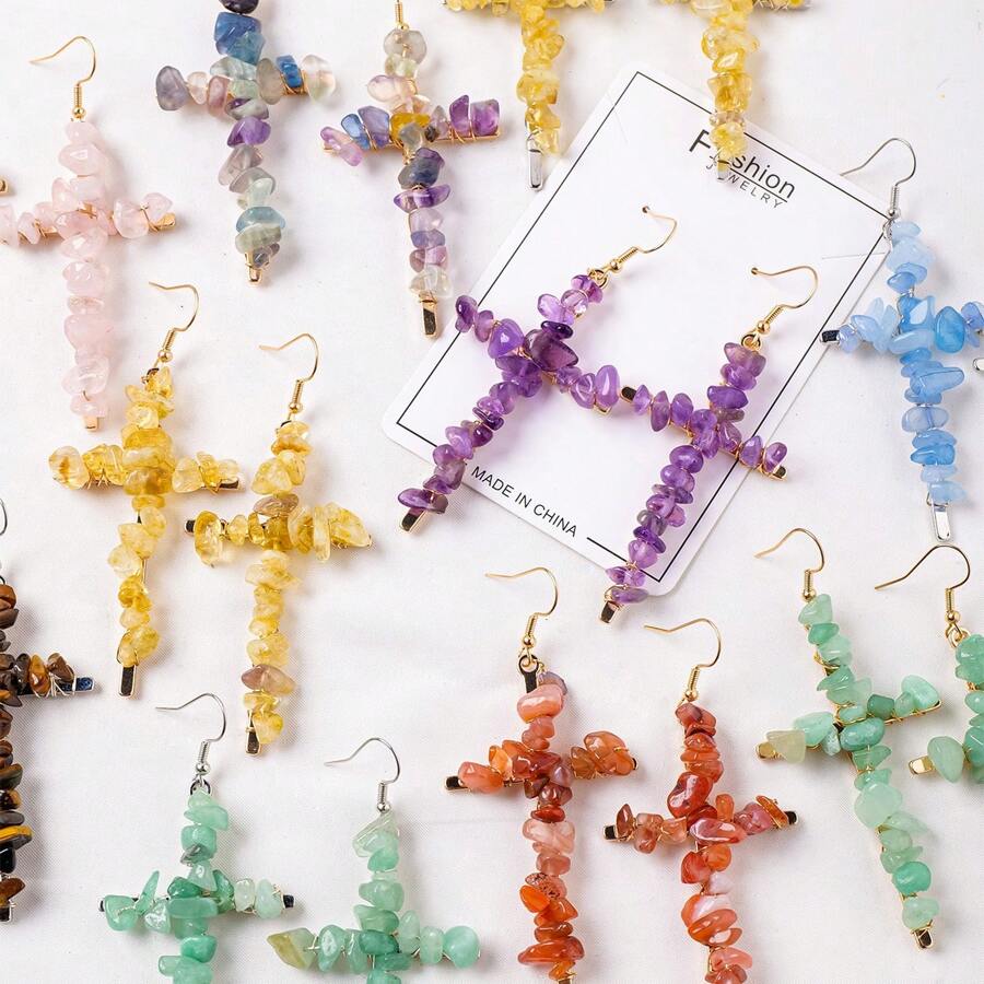 1Pair Natural Crystal Gravel Stone Cross Amethyst Eardrop Earrings Pink Crystal Reiki Eardrop Women Party Wedding Jewelry - Crushed Stone Cross Earrings - View 1