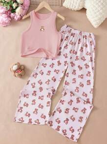 2 件套青少年女孩休闲时尚简约睡衣套装，包含一件带有泰迪熊印花的背心，搭配泰迪熊全印花宽松裤，适合春夏季女孩在家穿着 - 粉色 - 查看 1