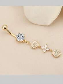 1 件 14G 钻石 CZ 花形肚脐环银金肚脐环吊坠花形肚脐环吊坠肚脐环 CZ 链穿孔 10 毫米