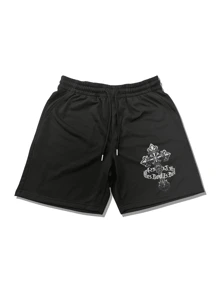 Amerikaanse oversized kruisprint casual dagelijkse slijtage korte mouwen ronde hals T-shirt en trekkoord taille shorts set voor mannen in de zomer