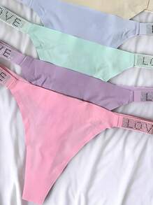 Kit 3 Calcinha Sem Costura a Laser com Strass Escrita Love Fio Dental Calcinhas Lingerie Feminina