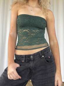 Women Lace Tube Top Without Bra  Y2k Floral Lace Sheer Mesh Strapless Bandeau Crop Tops Sexy Backless Sleeveless See Through Going Out Tops Off Shoulder Vests Shirts Vintage Aesthetic Clothes Streetwear - xanh quân đội - Xem 1
