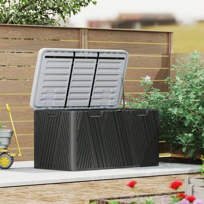 Outsunny 380L Garden Storage Box Outdoor Storage Box Waterproof With Lockable Lid And Moulded Handles, Double-Layer Wood Effect HDPE Deck Box, 115 X 60 X 60 Cm