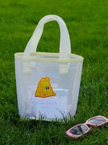 1pc Minimalist Fashion Korean Style Cartoon Transparent Net Tote Bag, Cute Small Bear Portable Handbag For Girls, Beach Bag, Mini Size - Apricot - View 3