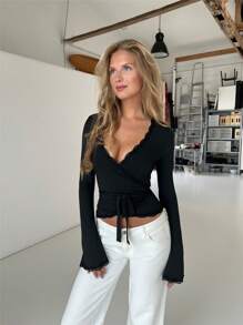 Women's Sexy Lace Trim Deep V Neck Bandage Surplice Wrap Crop Tops Ballet Wrap Top For Women Workout Yoga Wrap Shirts Slim Fit Tie Front Coquette Tops - 黑色 - 查看 2