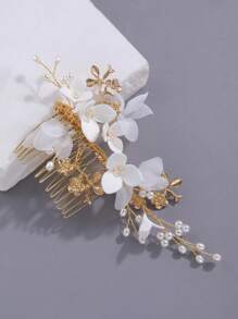 1 件金属花朵和叶子装饰手工白色和雪纺花朵发梳，适合春季婚礼、日常外出等场合 - 金色 - 查看 6