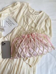 1pc Handmade Beaded Rhombus Weave Pearl Fishing Net Style Handbag, Sweet And Elegant Design For Women, Suitable For Summer Beach Vacation (With Drawstring Inner Pouch)