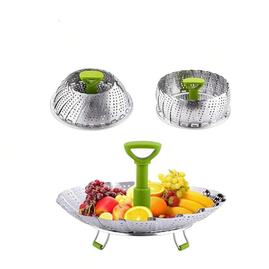 Large Kitchen Steamer Foldable Steamer Vegetable Steamer Fruit Basket - Silver - View 1