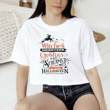 100% Cotton Halloween Witches T-Shirt, Heavyweight Unisex Crewneck T-Shirt, Women's Halloween Shirt, Happy Halloween Shirt, Witches Vibe Print Round Neck Short Sleeve Fashion Homme Versatile Summer Streetwear Stylish Comfortable Stretched Slightly Graphic Top For Everyday Wear Breathable Designer Clothes