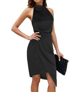 1 szt. Damska elegancka, seksowna, dopasowana, mini sukienka koktajlowa z odkrytymi plecami - Czarne - Zobacz 3