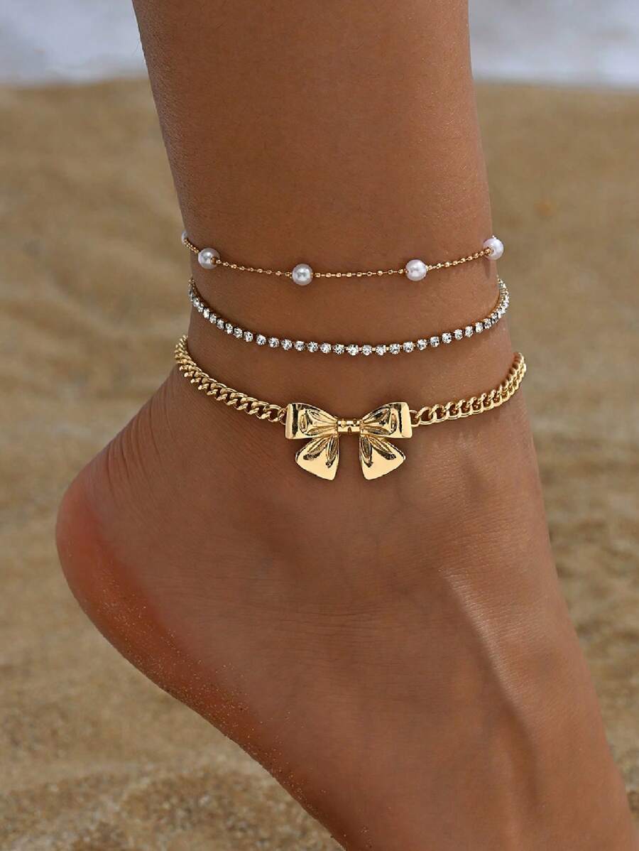 2pcs/Set Versatile Alloy Metal Bowknot & Faux Pearl Rhinestone Accented Anklet, Suitable For Women Everyday Wear, Beach, Party