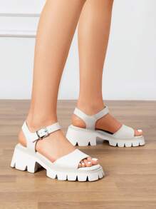 Women's Lug Sole Low Platform Summer Sandals, Stylish Open Toe Chunky Block Ankle Straps Heels Sandals For Summer/Spring - 白色 - 查看 3