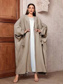 1 件女式优雅纯色米色长裙，蝙蝠袖阿拉伯长袍连衣裙，适合日常、旅行、度假穿着 - 杏色 - 查看 4