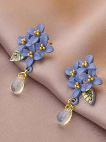 2pcs Simple Blue Floral Clip On Earrings, Minimalist Flower Non-Piercing Earrings - Blue - View 4