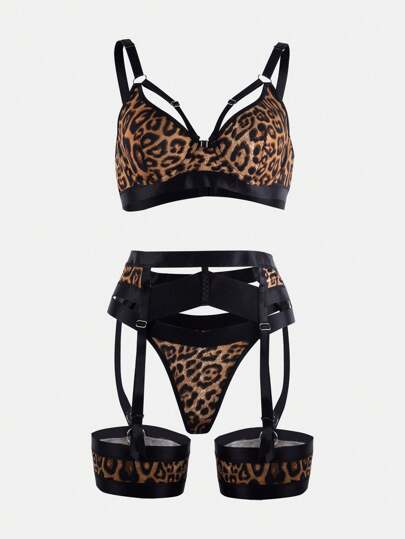 女士性感内衣胸罩豹纹夜店狂野舞台表演服装 3 件套