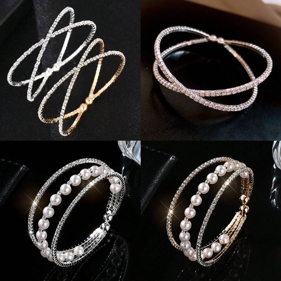 1 件多层珍珠和水钻环绕式弹性手镯