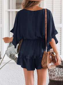 Womens V Neck Beach Romper Ruffle Layered Drawstring Waist Shorts Jumpsuit - 藏蓝色 - 查看 3
