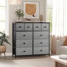 Comoda Cajonera para Recámara - 10 Cajones de Tela con Parte Superior de Madera y Marco de Acero Plegable - Mueble Organizador con Cajonera Ideal para Espacios (Gris Oxford) - Oxford gris - Ver 6