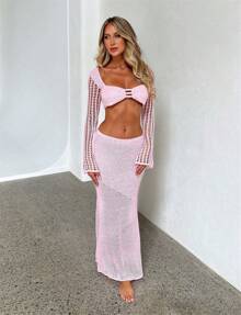 Women Summer Bikini Coverups 2pcs Outfit Set Beachwear Long Dress Crochet Knit Hollow Out Long Sleeve Off Shoulder Crop Top + Long Maxi SkirtsSexy Sundress Swimsuit Cover Ups - Pink - View 5