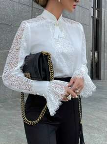 Blusa elegante de encaje con diseño de lazo y mangas acampanadas para mujer, camisa con adorno de encaje de moda para el trabajo