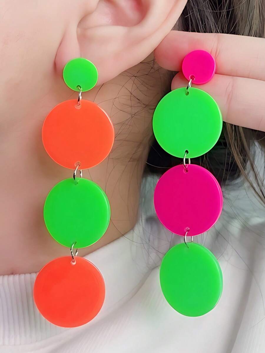 1 par de pendientes largos y llamativos de color bloque neón vintage circulares para mujeres