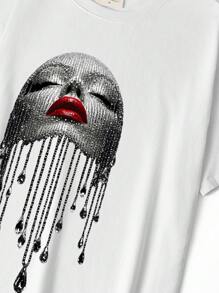 Trừu tượng tinh tế, Chân dung đính hạt, Họa tiết đôi môi đỏ gợi cảm, Áo phông trắng 100% cotton mùa xuân và mùa hè Áo thun nữ tay ngắn, Quần áo phong cách đường phố rộng rãi, Phù hợp với Rock Punk, Giải trí tại nhà - Xem 7