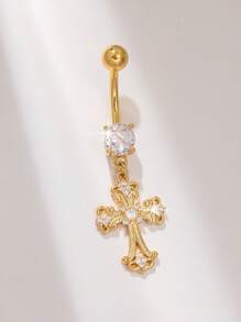 1pc Luxurious Rhinestone Cross Navel Ring, Suitable For Women's Daily Wear, Birthday Party, Beach Gathering