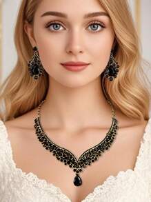3pcs/Set Women Bride Wedding Necklace & Earrings Jewelry Set, Exquisite Party/Wedding Accessories Combination - Black - View 3