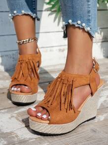 Brown Open Toe Fringes Metal Ring Accent Comfy Fashionable Vacation Beach Sandals, Wedge Heels For Girl - Brown - View 3