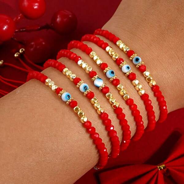 1pc Bohemian Style White Glass Evil Eye Crystal Beaded Adjustable Bracelet, Fashion & Versatile