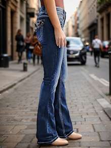 Ladies' Elegant Mid Waist Flared Jeans With Exquisite Pocket Design, Suitable For All Seasons, Perfect For Daily Outings, Cocktail Party, Party, Christmas, Nightclub, Banquet, Film Festival, Cinema, Dance Party, Cocktail Party, Bar, Wedding, Graduation Ceremony, Back-To-School, Birthday Party, Rebellious Girl, Festival-Themed Party, Outwear, Street Fashion, Fashion Show, Date, Easter, Mother's Day, Going To Work At University, School, Village, Concert, Street Girl, Young Girl, Country Outfits For Women, Best Outwear For Women, Women's Vacation Clothing, Country Concert Outfit, Country Outfits For Women, Streetwear, Concert Outfit For Women, Boho Women's Clothing, Country Concert Outfit, Concert Outfits, Vaquera Outfit, Y2K Clothes, Women's Club Outfits, Y2K Women's Clothes, Women's Clothing, Country Concert Outfit For Women - 深藍色 - 查看 2