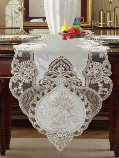 1 件天鹅绒面料桌旗，精致的 3D 刺绣，蕾丝花边，优雅的复古风格，适用于厨房、餐桌、野餐、礼物、室内/室外装饰、派对、婚礼，有多种尺寸可供选择