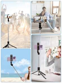 66.9" Extendable Wireless Remote Control Selfie Stick With LED Fill Light, Foldable Phone Tripod, Compatible With IOS And Android Smartphones, Suitable For Live Streaming, Makeup, Parties, Summer Vacation, Travel, Outdoor Activities - Multicolor - View 3