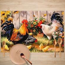 4 件套鸡场印花亚麻餐垫 - 100% 编织亚麻矩形桌垫，适用于餐厅、厨房 - 可洗、防滑、耐热餐垫，适用于咖啡桌、餐桌装饰