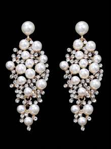 1 Pair Elegant Faux Pearl & Crystal Alloy Drop Earrings, Bridal Wedding Accessories, Luxury Oversized Statement Earrings