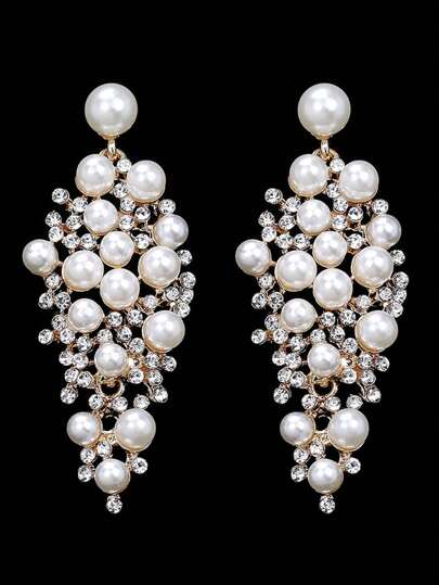 1 Pair Elegant Faux Pearl & Crystal Alloy Drop Earrings, Bridal Wedding Accessories, Luxury Oversized Statement Earrings