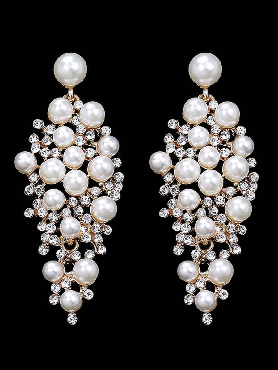 1 Pair Elegant Faux Pearl & Crystal Alloy Drop Earrings, Bridal Wedding Accessories, Luxury Oversized Statement Earrings