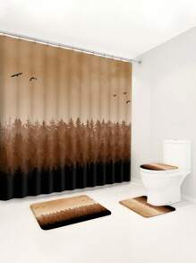 1 件/4 件水彩森林风景浴室装饰套装，包括带 12 个挂钩的防水浴帘、防滑浴垫、U 型马桶垫和圆形马桶盖，适用于整个浴室场景