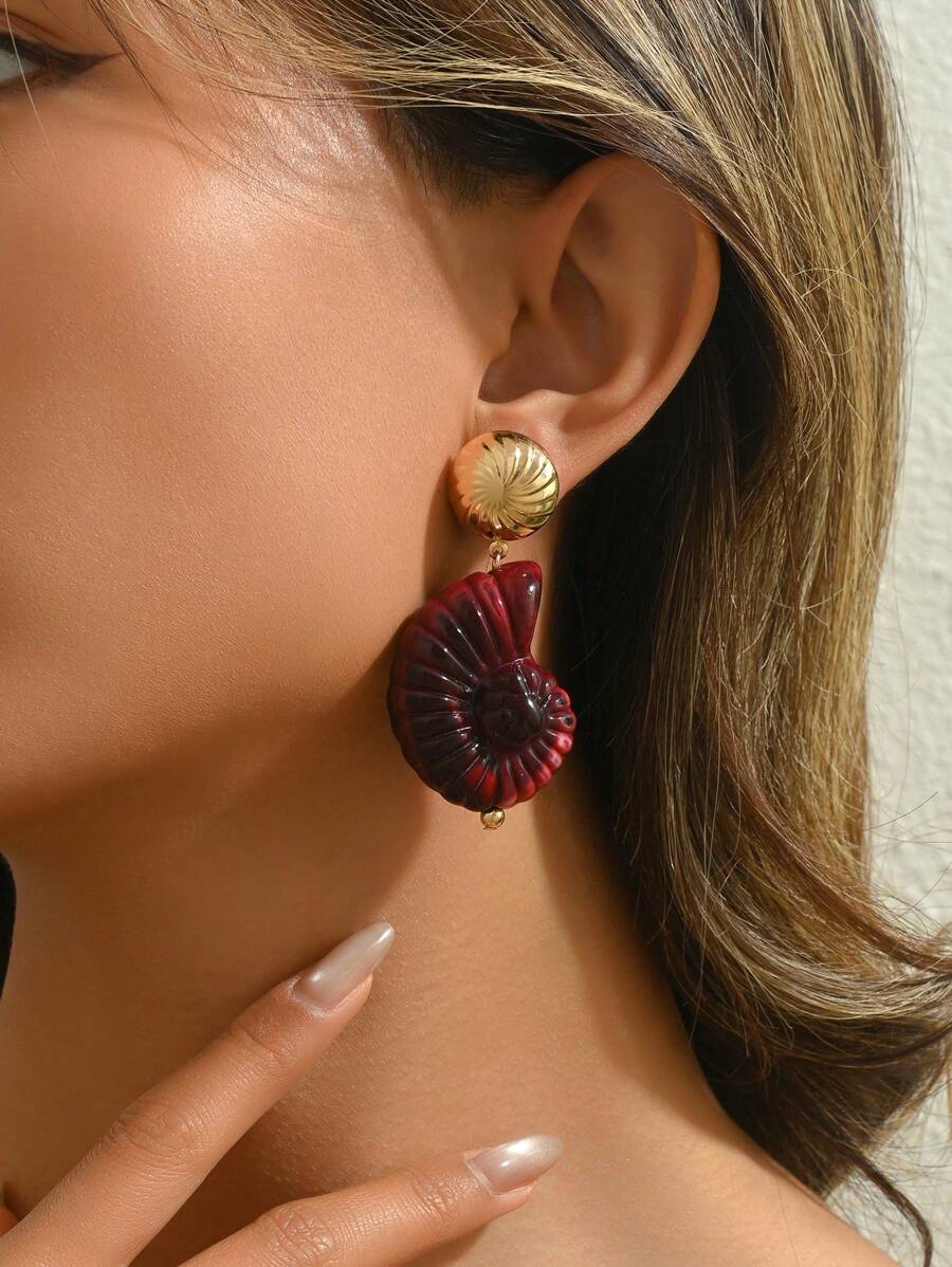 2pcs Elegant Sexy Boho Wave Watercolor Jade-Like Resin Block Asymmetrical Earrings With Gold Shell Charms, Suitable For Glamorous Party/Holiday Wear By Ladies, Colors Randomly Assorted (Synthetic Resin)