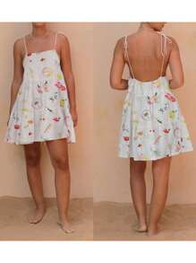 Women Summer Sleeveless Dress Casual Fashion Print Tie Up Strap Backless A-Line Party Dress For Vacation Streetwear - White - View 4