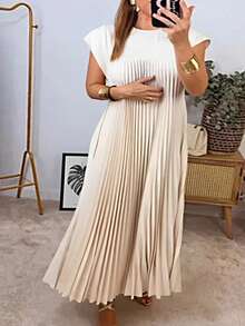 大码女式纯色圆领盖袖直筒宽松褶皱连衣裙