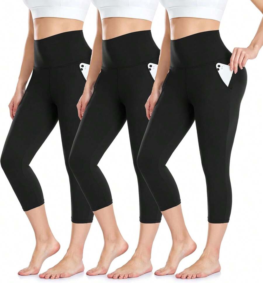 Capri Leggings Women's 3/4 Capri Pants High Waist Black Sports Leggings With Pockets Elastic Opaque Yoga Pants Sports Pants Running Pants Summer Plus Size Leggings - 3黑 - 查看 1