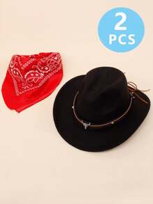 2PCS Western Cowboy Costume, Cowboy Hat Cosplay Accessory, Brown Western Cowboy Hat Dress Up For Kids, Funny Halloween Party Roleplay, Set Of 1 Black Cowboy Hat, 1 Red Bandanna - Black - View 9