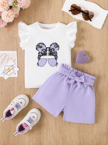 3pcs/Set Girls Cap Sleeve Top + Ribbed Pattern Top + Casual Shorts Outfit With Belt