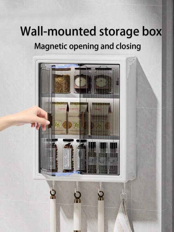1pc Wall-Mounted Storage Box, Magnetic Double Doors, For Kitchen Spice Storage And Bathroom Cosmetics Storage