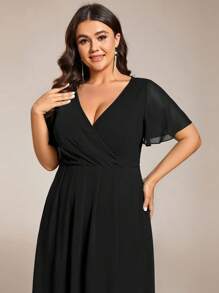 Plus Size Women Chiffon Ruffle Hem Solid Color Elegant High-Low Hem Bridesmaid Dress - Black - View 6