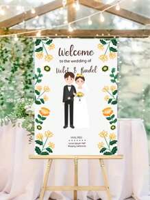 1pc Custom Personalized Wedding Poster, Personalized Outdoor Cartoon Cute Characters Wedding Welcome Plate, Elegant Custom Wedding Welcome Plate, Personalized Celebration Logo, Custom Name Date Location Poster, Can Be Used As Birthday Gifts, Anniversary Gifts, Commercial Signs, Scene Layout, Beautifully Decorated, Stylish And Simple, Modern Custom, Personalized, Unique Ideal Gift - Multicolor - View 2
